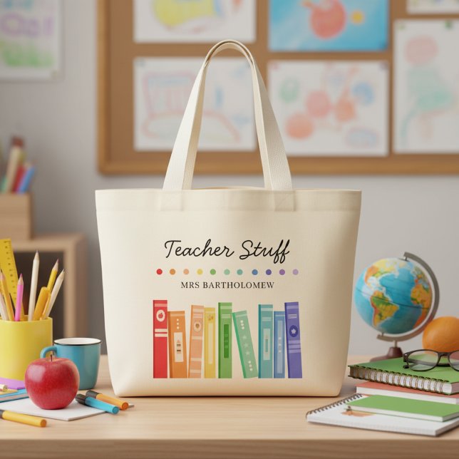 Grand Tote Bag Rainbow Books Kindergarten Teacher Custom (Créateur téléchargé)