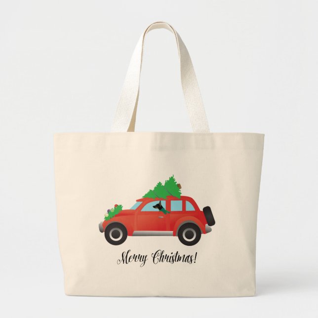 Grand Tote Bag Rat Terrier Chien conduisant une voiture de Noël (Devant)