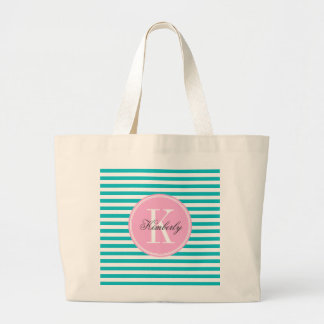Grand Tote Bag Rayures turquoises avec le monogramme rose de