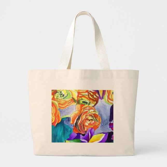 Grand Tote Bag Renoncules et Iris aquarelle (Devant)