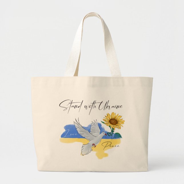 Grand Tote Bag Restez avec l'Ukraine Peace Love Sunflowers Dove (Devant)