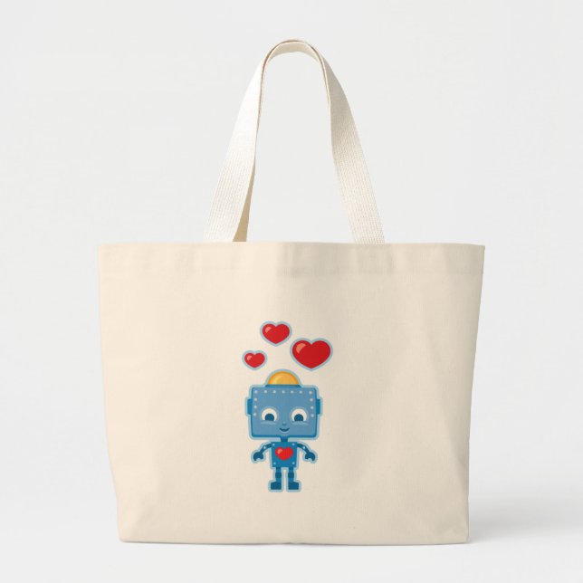 Grand Tote Bag Rétro art bleu de robot (Devant)