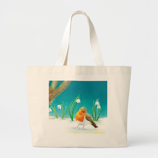 Grand Tote Bag Robin Oiseau, neige et gouttes de neige Illustrati (Devant)