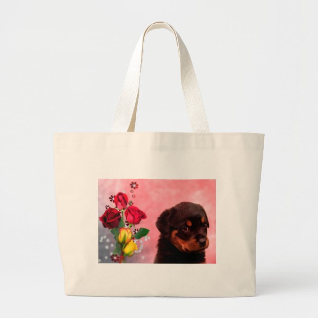 Grand Tote Bag Robuste Chiot avec Fleurs Rouge et Jaune (Devant)