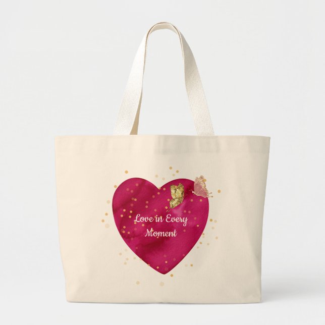 Grand Tote Bag Romantic Heart & Golden Butterfly Valentine  (Devant)