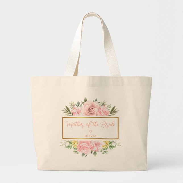 Grand Tote Bag Rose Fleur Pink Personnalisé Mère de la Mariée (Devant)