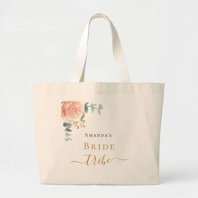 Grand Tote Bag Rose gold et eucalyptus verdoyant tribu de la mari (Devant)