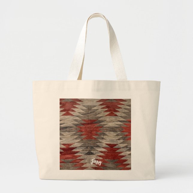 Grand Tote Bag Rouge & Gris Texturé Amérindien (Devant)
