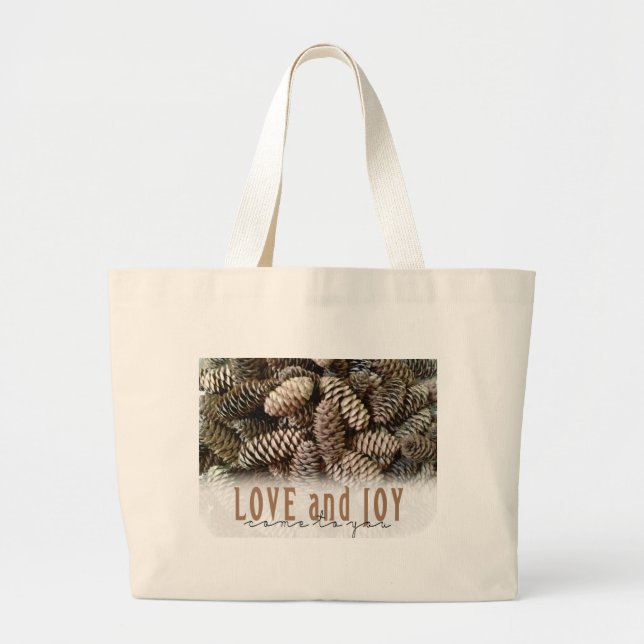 Grand Tote Bag Rustic Holiday Love and Joy Pine Cone (Devant)