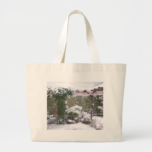 Grand Tote Bag Saison de Noël, Neige dans le jardin (Devant)