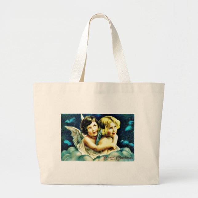 Grand Tote Bag Salutation de Noël avec deux anges huging (Devant)