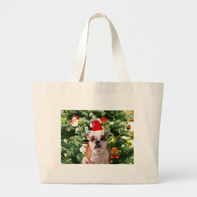 Grand Tote Bag Santa Hat Bulldog Christmas Tree Snowman boîte cad (Devant)