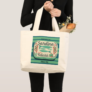 Grand Tote Bag Sardine Illustration Crème Turquoise Italienne Rét