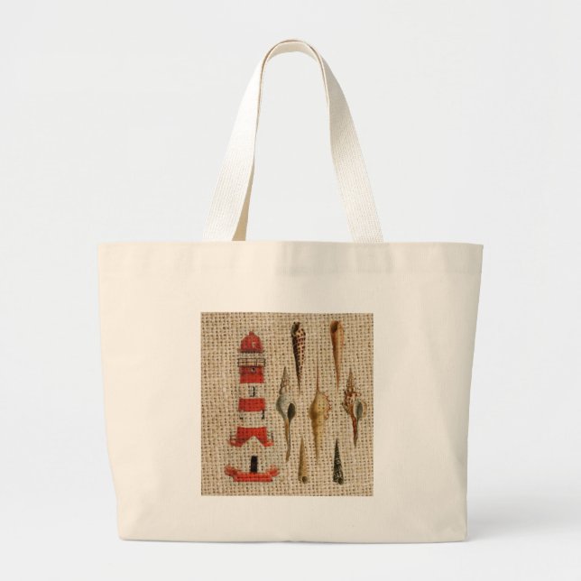 Grand Tote Bag shabby chic burlap littorale seashell lighthouse (Devant)