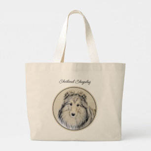 Grand Tote Bag Shetland Sheepdog Puppy Peinture Sheltie Chien Art