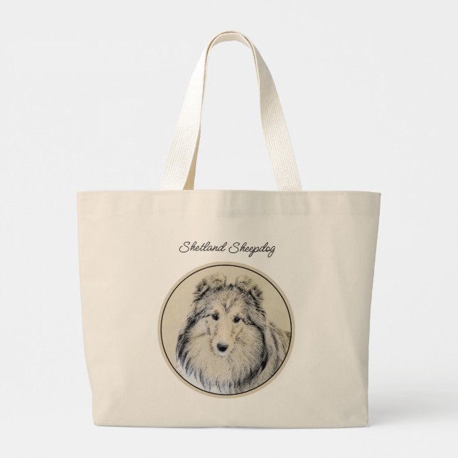 Grand Tote Bag Shetland Sheepdog Puppy Peinture Sheltie Chien Art (Dos)