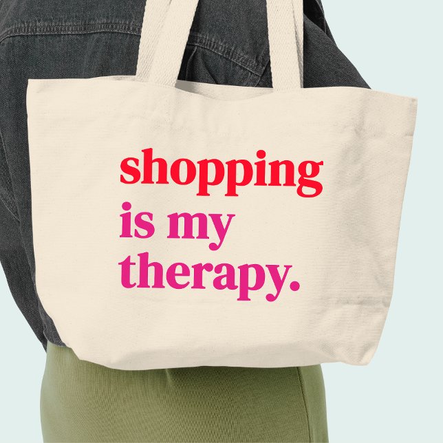 Grand Tote Bag Shopping est ma thérapie Citation rouge et rose Ar (Créateur téléchargé)