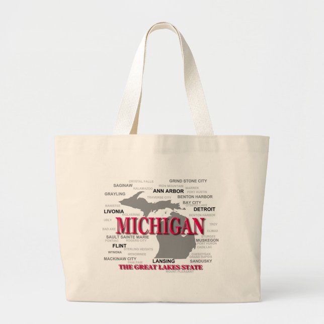 Grand Tote Bag Silhouette de carte de fierté d'État du Michigan (Devant)
