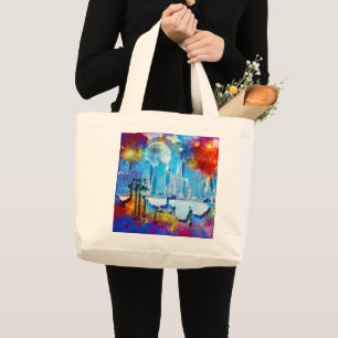 Grand Tote Bag SlipperyJoe NYC graffiti lune entourée de tourbill