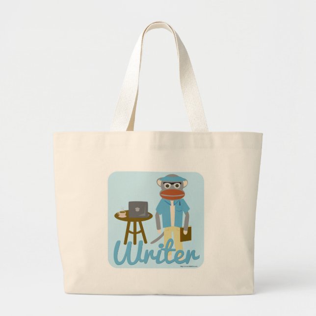 Grand Tote Bag Sock Monkey Writer Cartoon Art style amusant (Devant)
