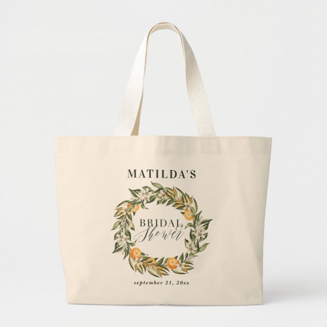 Grand Tote Bag Soirée de douche de mariée aux agrumes d'orange ru (Devant)