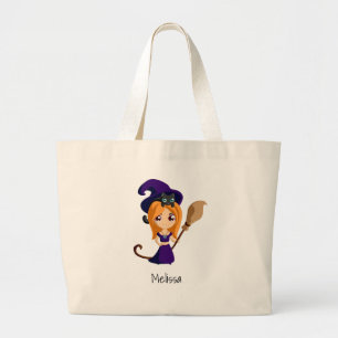 Grand Tote Bag Sorcière mignonne en Casquette violet Halloween