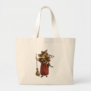 Grand Tote Bag Sorcière vintage et chat noir