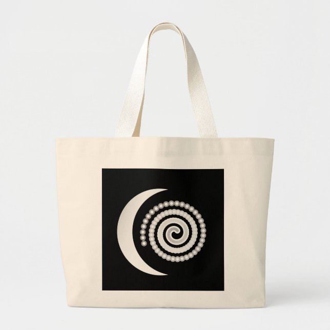Grand Tote Bag Spirale de lune d'argent sur noir (Devant)