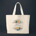 Grand Tote Bag Spring Floral Moderne Nom personnalisé | MARIAGE<br><div class="desc">Ce design moderne présente une floraison printanière en joli corail, jaune, turquoise et bleu marine avec votre nom personnalisé avec "Mère de la Mariée" ci-dessous en typographie bleu marine. Personnalisez en modifiant le texte dans la zone de texte fournie. #mariage #mariages #maternoththebride #maternofthebridecadeaux #bridalparty #bridalpartycadeaux #faveurs #cadeaux #floral #fleurs #botanical...</div>