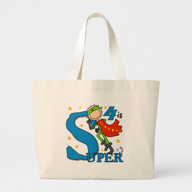 Grand Tote Bag Superhero Boy 4th Birthday Tshirts et cadeaux (Devant)
