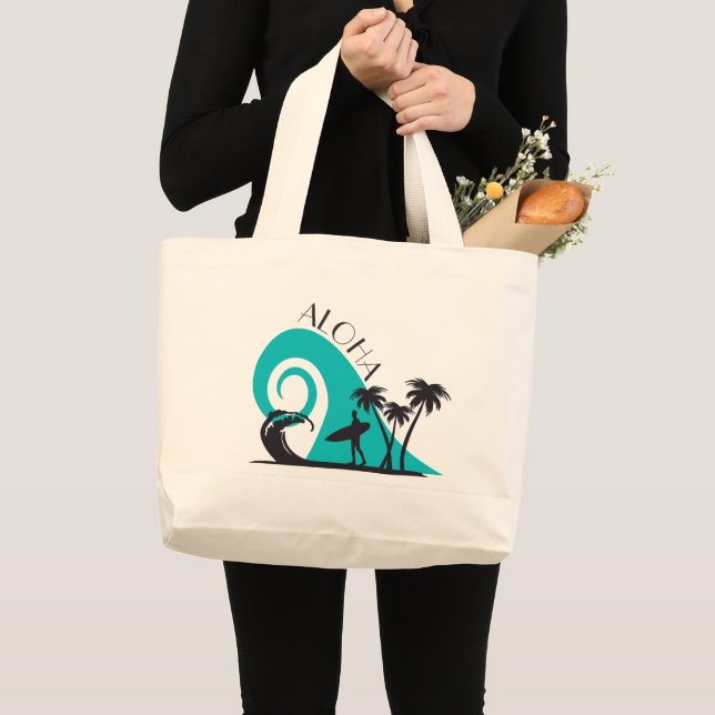 Grand Tote Bag Surf moderne Aloha et palmiers (Devant (produit))