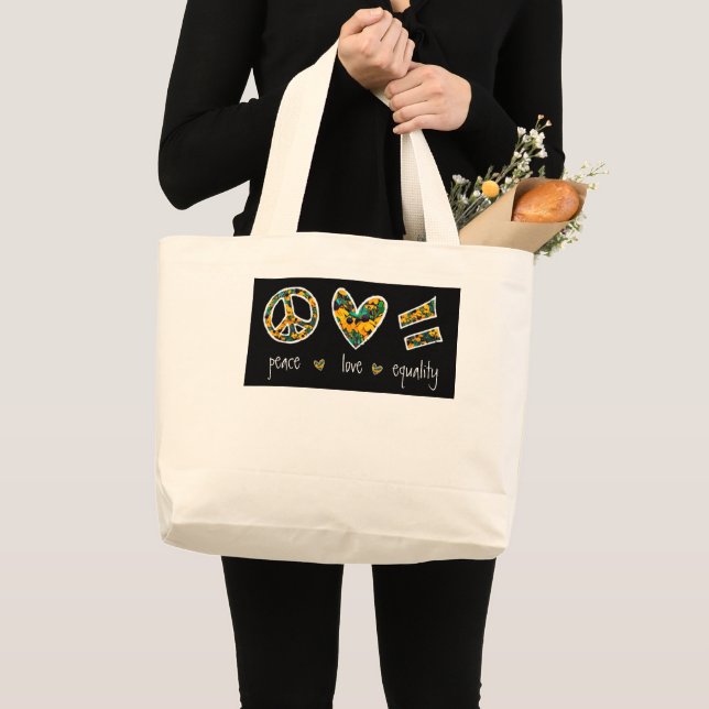 Grand Tote Bag Susan Peace Love Equality Floral aux yeux noirs  (Devant (produit))