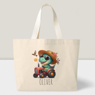 Grand Tote Bag T-Rex Dinosaure Agriculteur Conduisant un Tracteur