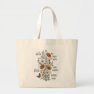 Grand Tote Bag T-Shirt Chrétien Croix Florale Jésus Est Près