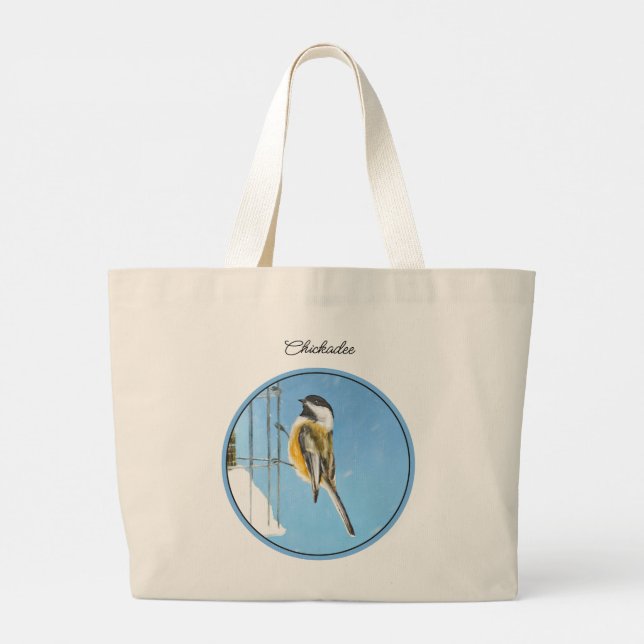 Grand Tote Bag Tableau de la mangeoire d'hiver de chickadee Oisea (Dos)