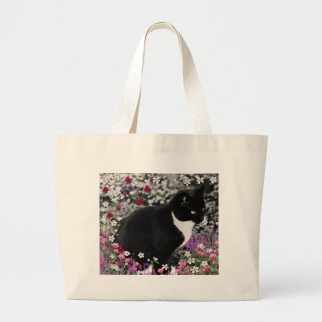 Grand Tote Bag Taches de rousseur en fleurs II - chat de smoking (Devant)