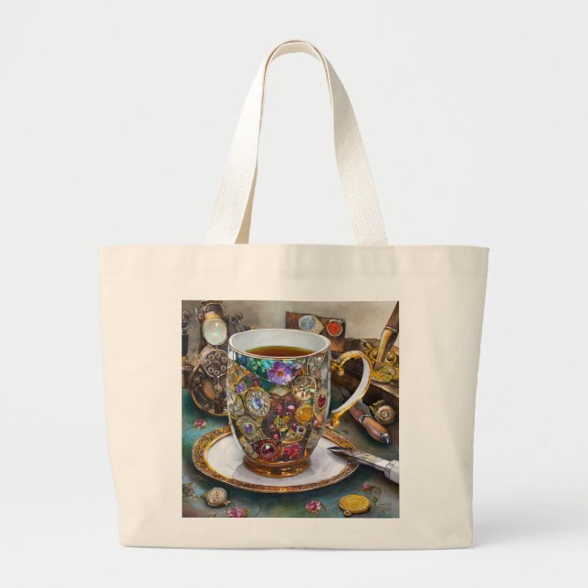 Grand Tote Bag Tea Time Avec Le Voyageur Du Temps (Devant)