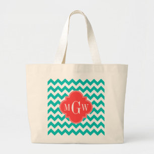 Grand Tote Bag Teal White Chevron Coral Quatrefoil 3 monogram