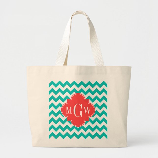Grand Tote Bag Teal White Chevron Coral Quatrefoil 3 monogram (Devant)