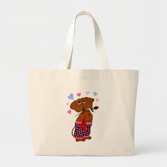 Grand Tote Bag Teckel dans des shorts roses de coeur (Devant)