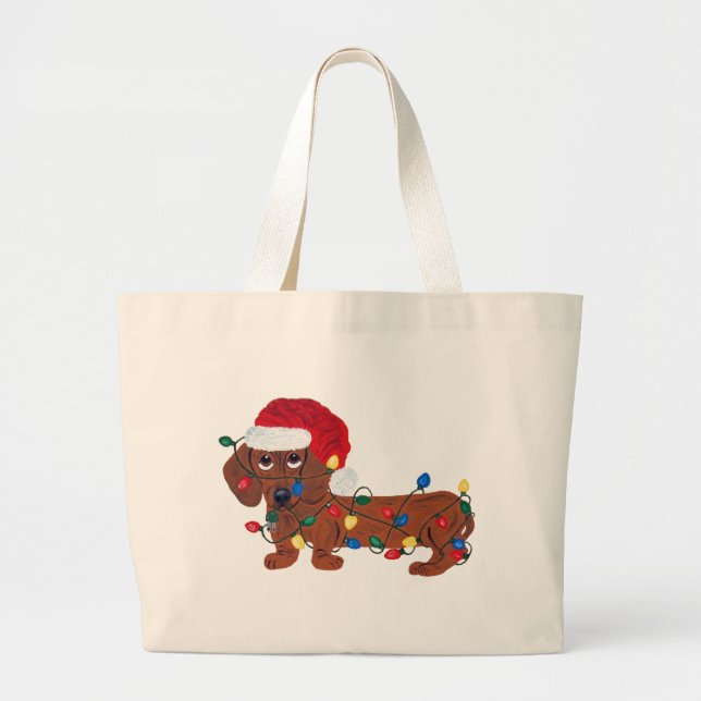 Grand Tote Bag Teckel embrouillé dans des lumières de Noël (Devant)