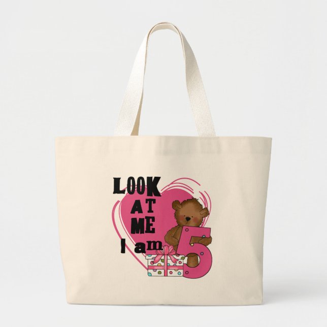 Grand Tote Bag Teddy Bear I'm 5 Anniversaire T-shirts et cadeaux (Devant)