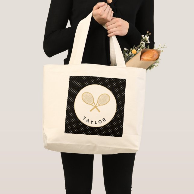 Grand Tote Bag Tennis Chic Sports Cadeau Black and Gold Custom (Devant (produit))