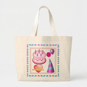 Grand Tote Bag Texte du ballon n de gâteau de HappyBIRTHDAY