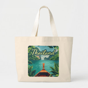 Grand Tote Bag Thaïlande Tropical Island Long Tail Boat Vintage