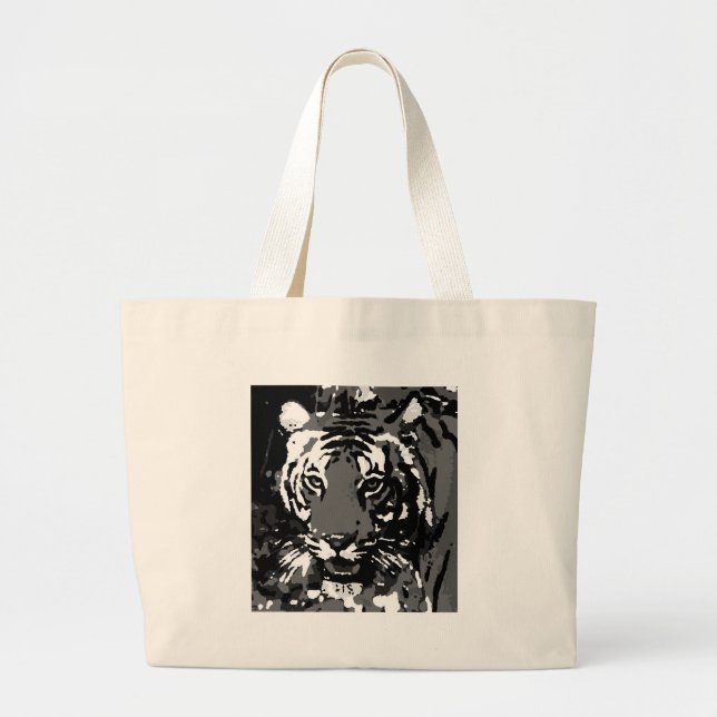 Grand Tote Bag Tigre noir blanc Pop Art (Devant)