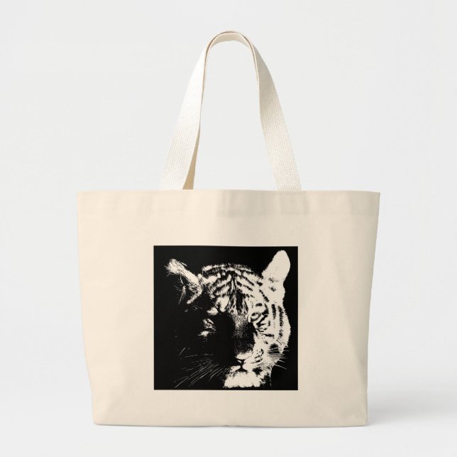 Grand Tote Bag Tigre noir et blanc Pop Art (Devant)