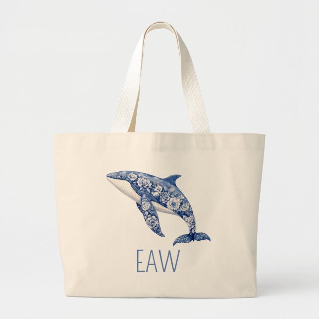 Grand Tote Bag Toile Bleue Plage Florale Dauphin Personnalisé (Devant)