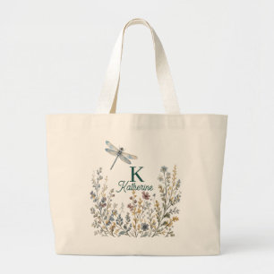 Grand Tote Bag Toile botanique fleur sauvage libellule monogramme