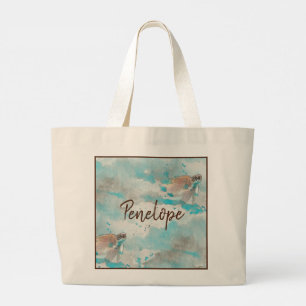 Grand Tote Bag Tortue de mer sur Ocean Blue Watercolor Bridesmaid